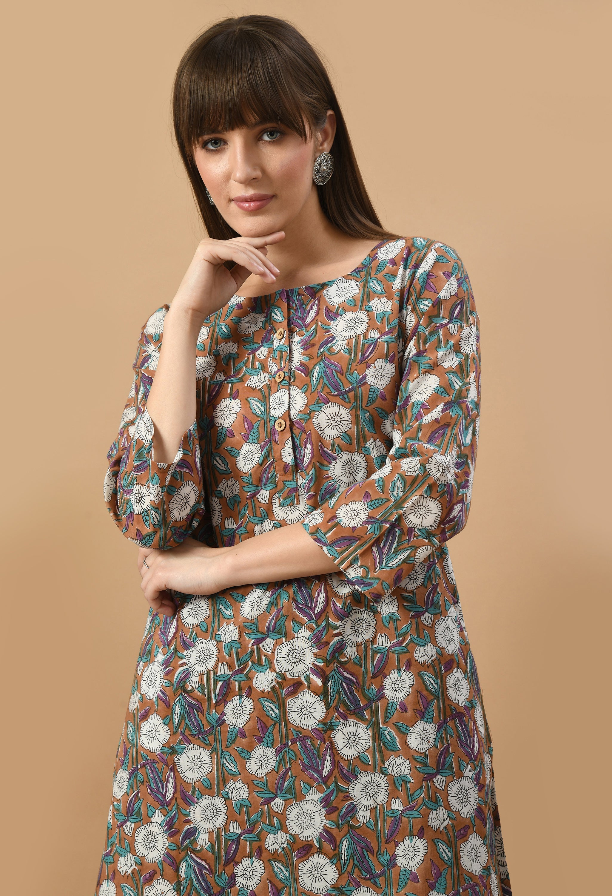 brown-hand-block-cotton-kurta-set